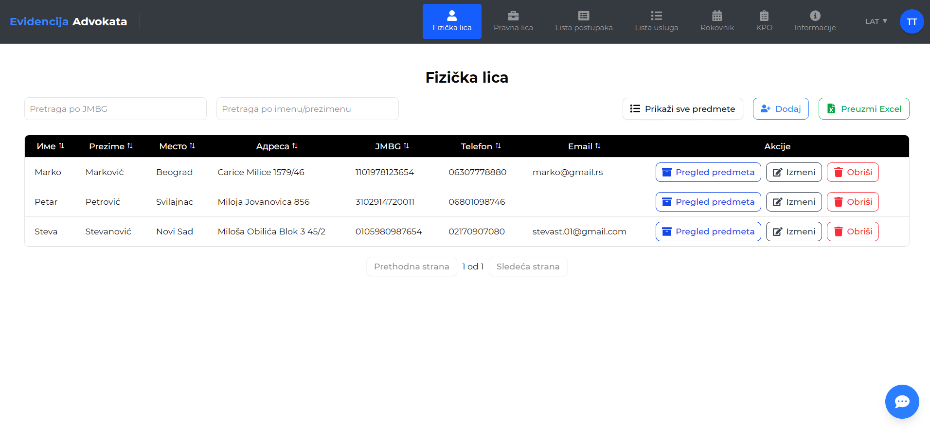 Evidencija Advokata - Screenshot aplikacije